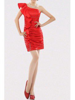 Satin One Shoulder Short Sheath Cocktail Dress with Beading