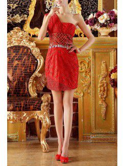 Lace One Shoulder Short Sheath Cocktail Dress with Crystal