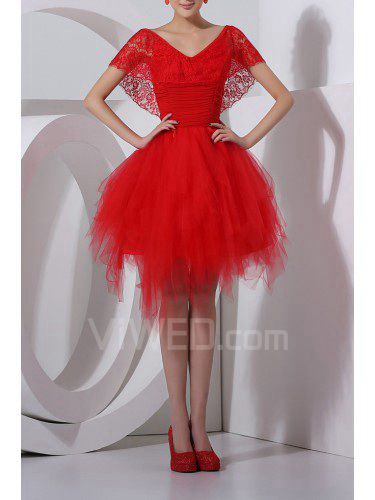 Lace and Organza V-neck Short Ball Gown Cocktail Dress
