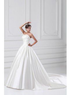 Satin Scallop Sweep Train A-line Directionally Ruched Wedding Dress