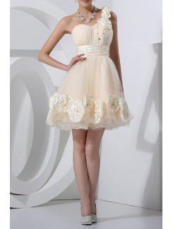 Tiul jedno ramię suknia krótka sukienka z ręcznie robionych kwiatów