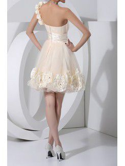 Tulle One Shoulder Short Ball Gown Cocktail Dress with Handmade Flowers