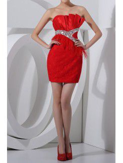 Satin and Lace Strapless Short Sheath Cocktail Dress with Crystal