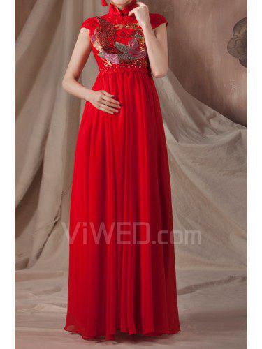 Satin High Collar Floor Length Empire Prom Dress with Embroidered