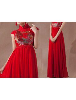 Satin High Collar Floor Length Empire Prom Dress with Embroidered