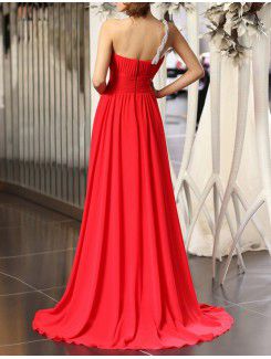 Chiffon One Shoulder Sweep Train Corset Prom Dress with Crystal