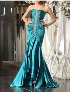 Satin Scoop Sweep Train Mermaid Prom Dress with Sequins