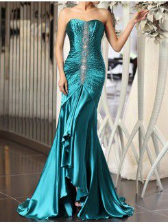 Satin Scoop Sweep Train Mermaid Prom Dress with Sequins