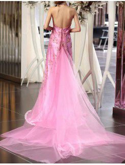 Satin and Tulle Halter Cathedral Train A-line Prom Dress with Crystal