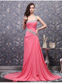 Chiffon One Shoulder Cathedral Train Empire Prom Dress with Crystal