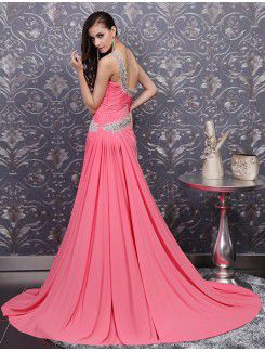 Chiffon One Shoulder Cathedral Train Empire Prom Dress with Crystal