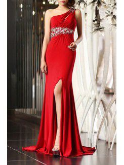 Charmeuse One Shoulder Sweep Train Empire Prom Dress with Crystal