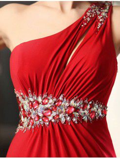 Charmeuse One Shoulder Sweep Train Empire Prom Dress with Crystal