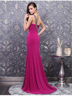 Charmeuse One Shoulder Sweep Train Sheath Prom Dress with Beading
