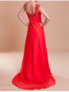 Chiffon Straps Sweep Train Empire Prom Dress with Beading