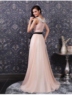 Chiffon Jewel Sweep Train A-line Prom Dress with Beading
