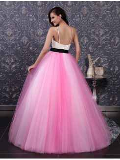 Satin and Tulle Spaghetti Floor Length Ball Gown Prom Dress