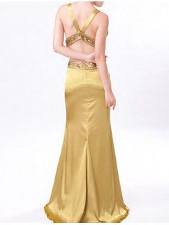 Satin V-neck Sweep Train Empire Prom Dress with Crystal