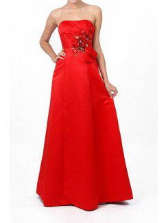 Satin Strapless Floor Length A-line Prom Dress with Embroidered
