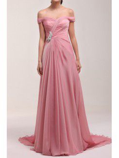 Chiffon Off-the-Shoulder Chapel Train A-line Prom Dress with Sequins