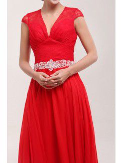 Chiffon V-neck Sweep Train A-line Prom Dress with Pearls