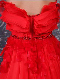 Chiffon Scoop Cathedral Train Corset Prom Dress with Handmade Flowers