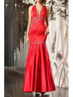 Satin Halter Floor Length Mermaid Prom Dress with Sequins