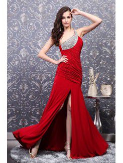 Charmeuse One Shoulder Sweep Train A-line Prom Dress with Beading