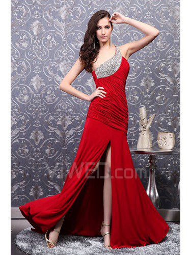 Charmeuse One Shoulder Sweep Train A-line Prom Dress with Beading
