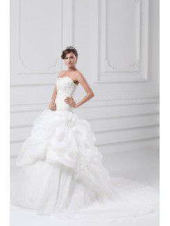 Organza Strapless Sweep Train A-line Embroidered Wedding Dress