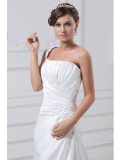 Satin One-Shoulder Sweep Train A-line Embroidered Wedding Dress
