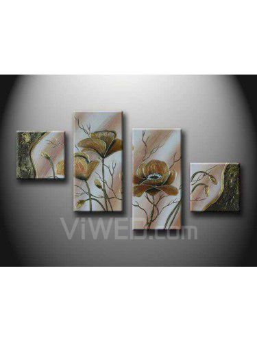 Pintados à mão pintura a óleo da flor com quadro esticado-conjunto de 4