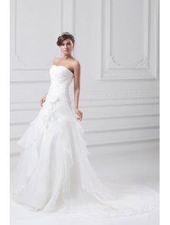 Organza Strapless Sweep Train A-line Embroidered Wedding Dress