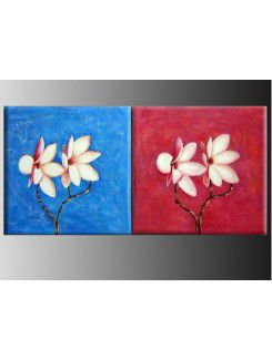 Pintados à mão pintura a óleo da flor com quadro esticado-conjunto de 2