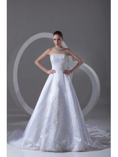 Satin Strapless Chapel Train A-line Embroidered Wedding Dress