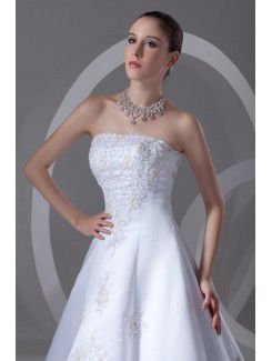 Satin Strapless Chapel Train A-line Embroidered Wedding Dress