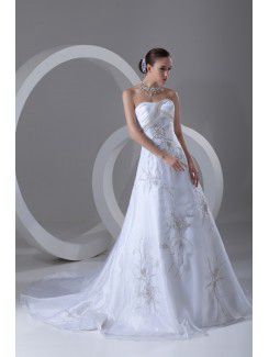 Organza Scoop Chapel Train A-line Embroidered Wedding Dress