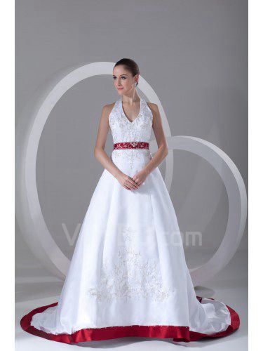 Satin Halter Sweep Train A-line Embroidered Wedding Dress