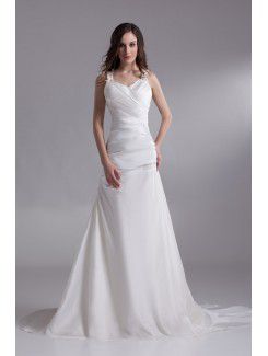 Satin Straps Chapel Train A-line Wedding Dress