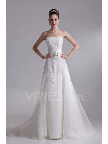 Organza Strapless Chapel Train A-line Embroidered Wedding Dress
