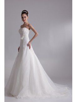 Organza Strapless Chapel Train A-line Embroidered Wedding Dress
