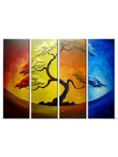 Ręcznie malowany obraz olejny drzewo z rozciągniętej ramki-zestaw 4