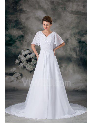 Train de balayage v-cou mousseline de soie une ligne demi-manches robe de mariée