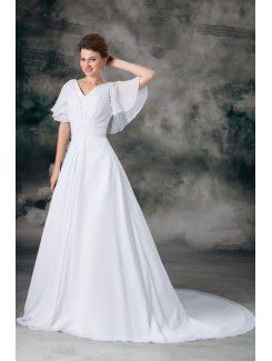 Chiffon V-Neck Sweep Train A-line Half-Sleeves Wedding Dress