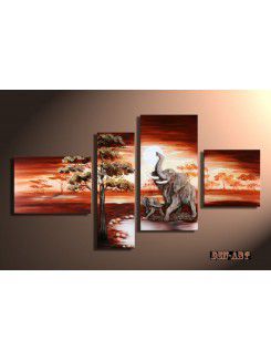 Hand-painted Elephant Oil Painting with Stretched Frame-Set of 4