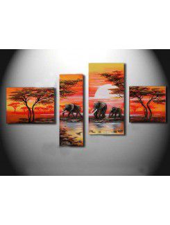 Hand-painted Elephant Oil Painting with Stretched Frame-Set of 4