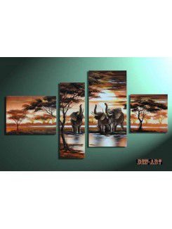 Pintura pintados à mão africano paisagem a óleo com moldura esticado-conjunto de 4