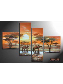Hand-painted African Landscape Oil Painting with Stretched Frame-Set of 4