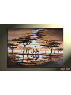 Pintado a mano de la pintura al óleo con marco de estirado-paisaje africano-24 " x 40 "