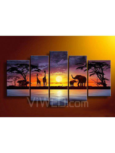 Handgeschilderde afrikaans landschap olieverf met gestrekte frame-set van 5